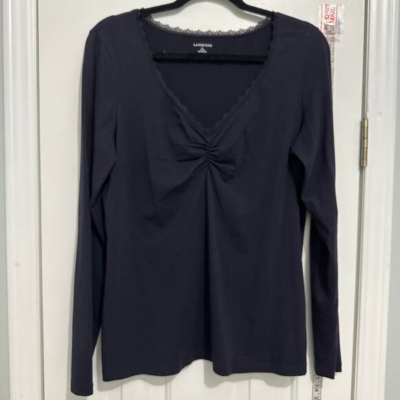 Lands End Long sleeve Vneck lace trim navy blue 14/16 large - Picture 1 of 5